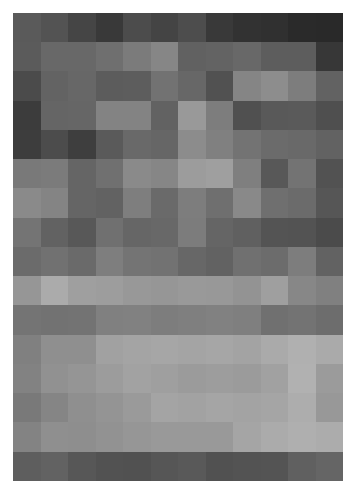 The degraded card reduced to a 12 by 16 grid of grey tiles, visually indistinguishable from the clean one.